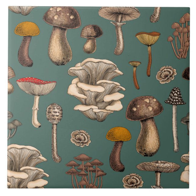 Carreau Wild Mushrooms  on pine green (Devant)