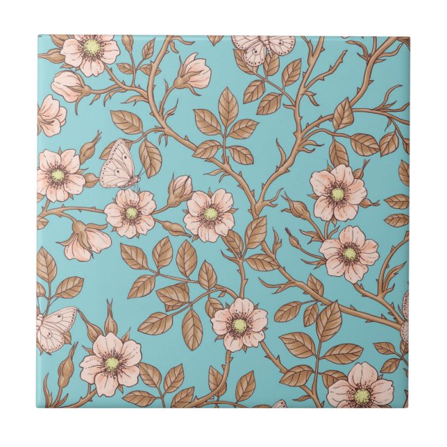 Carreau Wild roses and butterflies /pink/brown/pool (Devant)