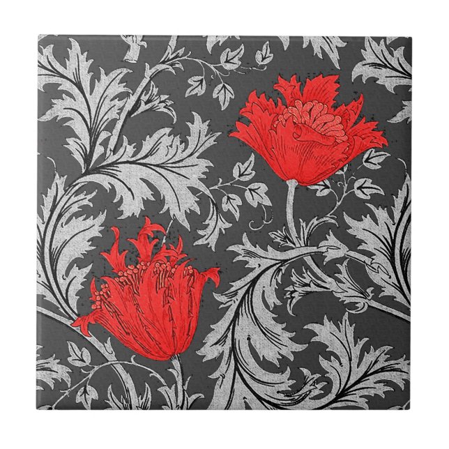 Carreau William Morris Anemone, gris / gris et rouge (Devant)