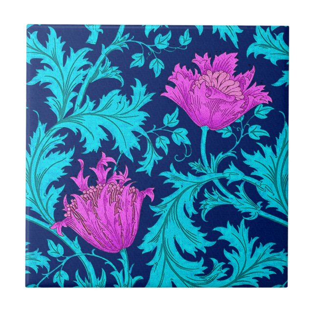 Carreau William Morris Anemone, Marine, Turquoise & Magent (Devant)