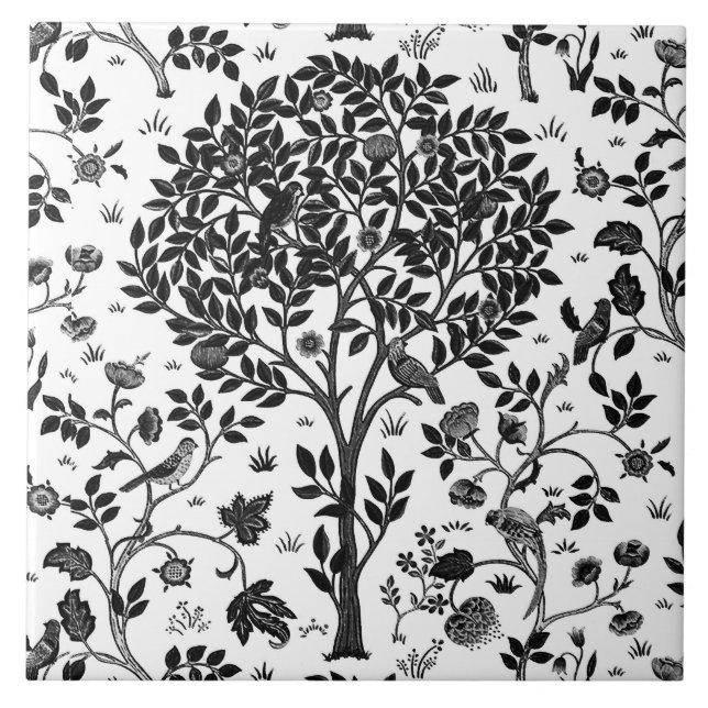 Carreau William Morris Arbre de vie Motif, noir et blanc (Devant)
