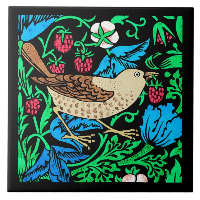 Carreau William Morris Bird & Flower Tile, bleu et noir (Devant)