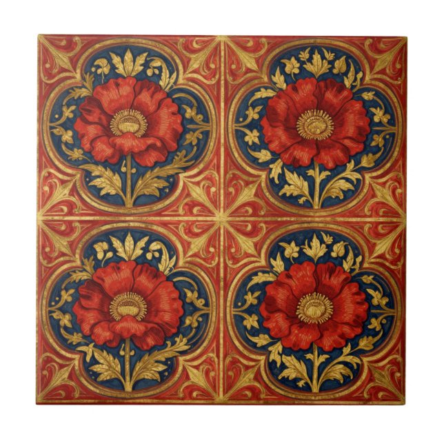 Carreau William Morris Coquelicots géométriques Floral Rou (Devant)
