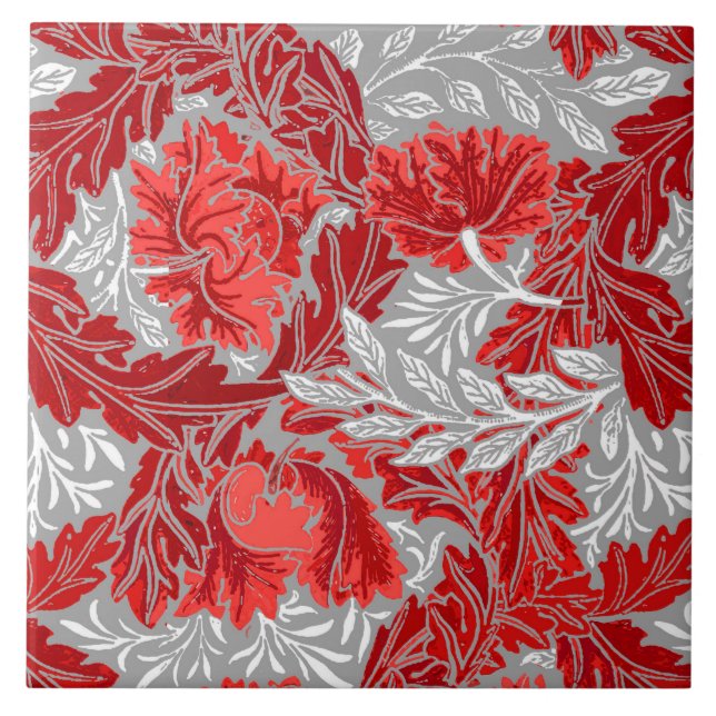 Carreau William Morris floral, rouge-foncé et gris/gris (Devant)