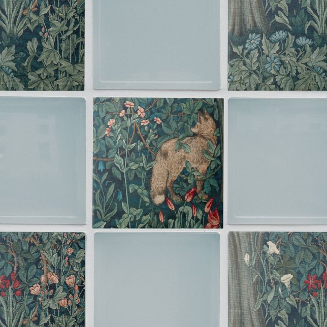 Carreau William Morris Forest Fox Floral (William Morris tiles with sage green solid tiles)