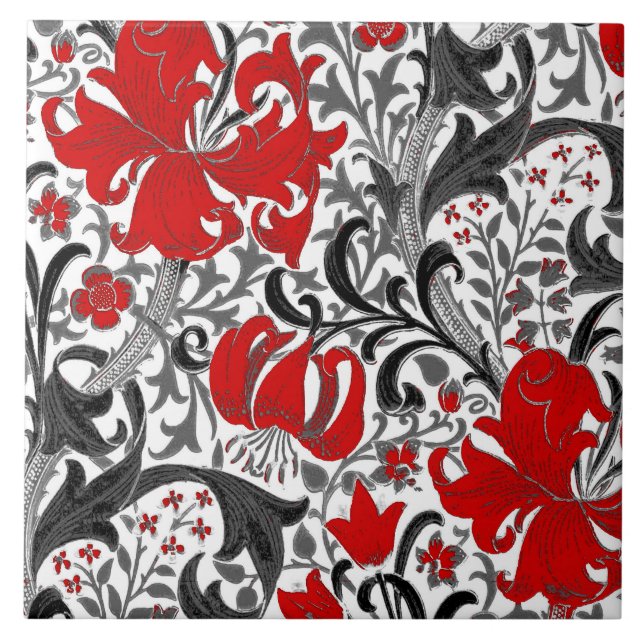 Carreau William Morris Iris et Lily, noir, blanc et rouge (Devant)