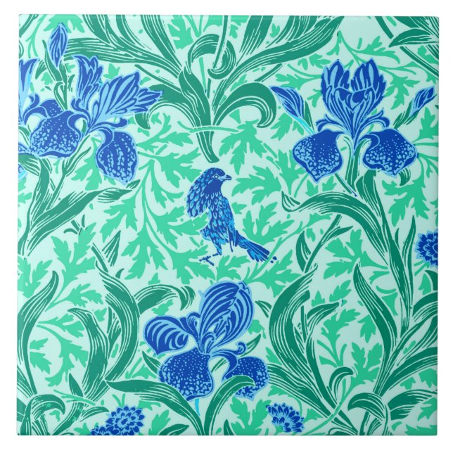 Carreau William Morris Irises, Bleu de Cobalt, Aqua et Tur (Devant)