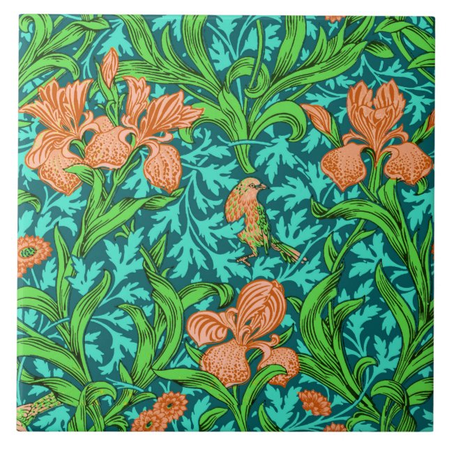 Carreau William Morris Irises, Orange et Turquoise (Devant)