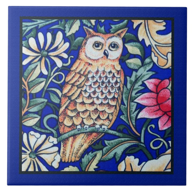 Carreau William Morris Owl Beige et Cobalt Blue Borders (Devant)