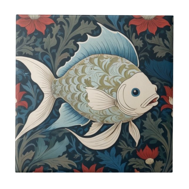 Carreau William Morris style Poisson droit Mer marine (Devant)
