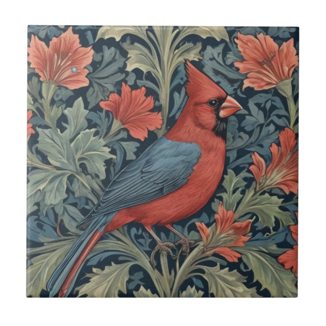 Carreau William Morris style Red Cardinal Bird R floral (Devant)