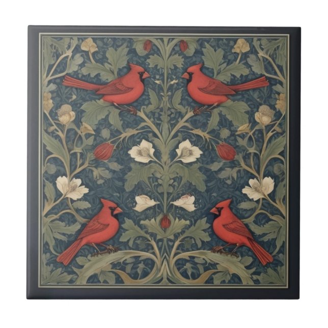 Carreau William Morris style Red Cardinal Birds (Devant)