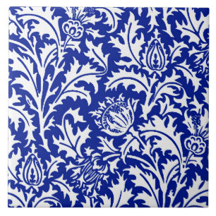 Carreau William Morris Thistle Damask White sur Cobalt Blu