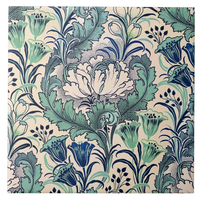 Carreau William Morris Vert Crème Turquoise Motif Floral (Devant)