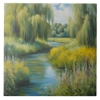 Carreau Willow Trees et Fleurs sauvages près de River en é