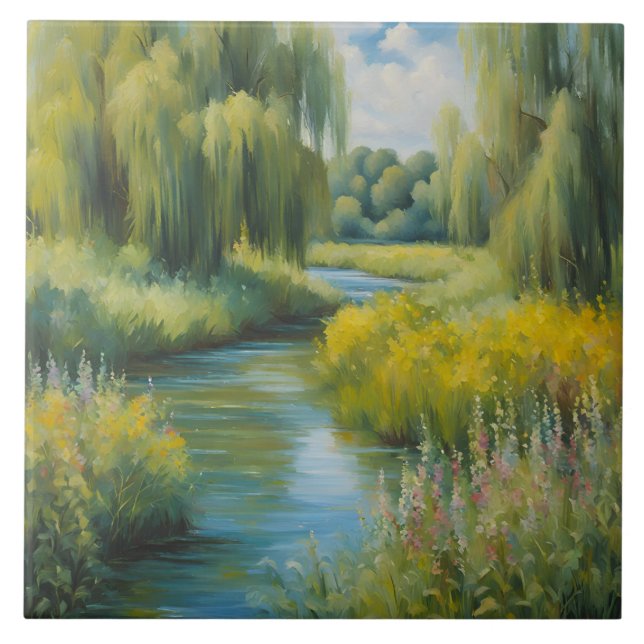 Carreau Willow Trees et Fleurs sauvages près de River en é (Devant)