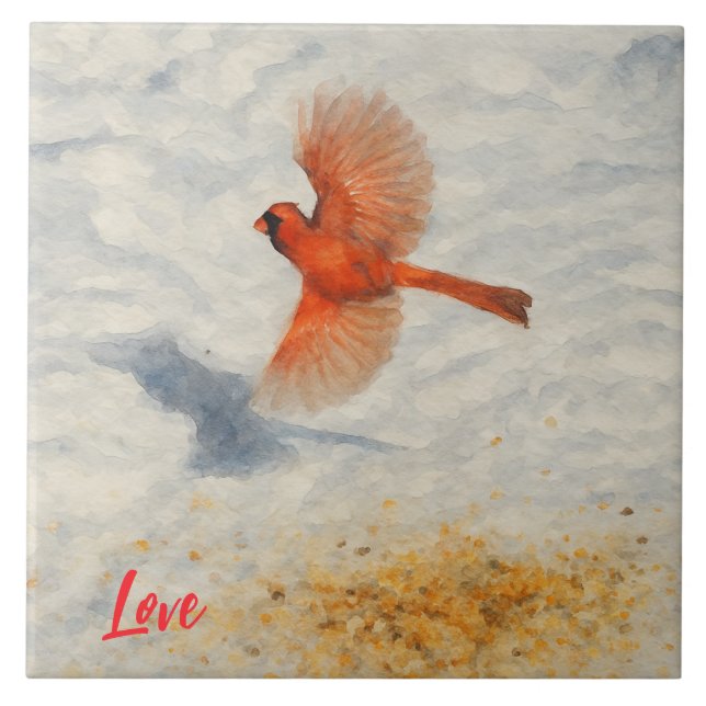 Carreau Winter Watercolor Cardinal in Flight (Devant)