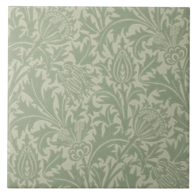 Carreau Wm Morris Arts & Crafts Green Thistle Repro Tile (Devant)