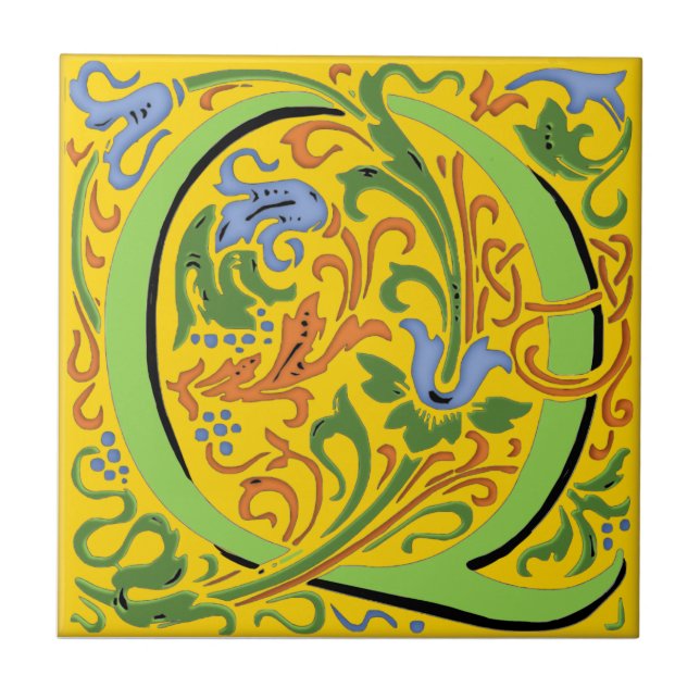 Carreau Wm Morris Ornate Letter "Q" Tile céramique initial (Devant)