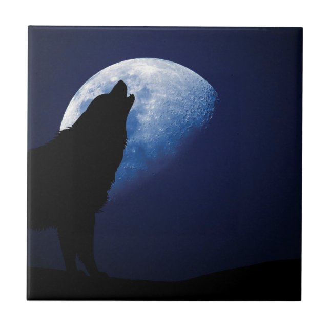 Carreau Wolf Howling à la mosaïque décorative de la lune (Devant)