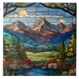 Carreau Woodland mountain scene vintage stain glass