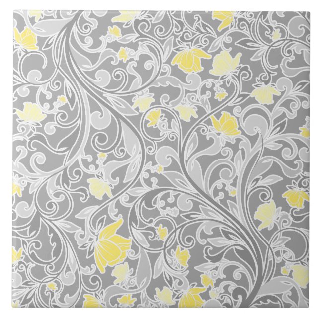 Carreau Yellow and Gray Swirly Floral (Devant)