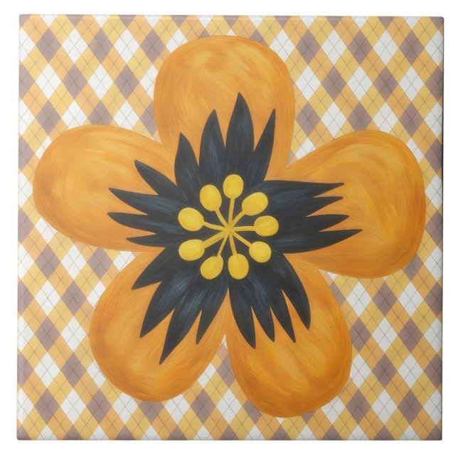 Carreau Yellow Gold and Brown Flower Art Decorative Tile (Devant)