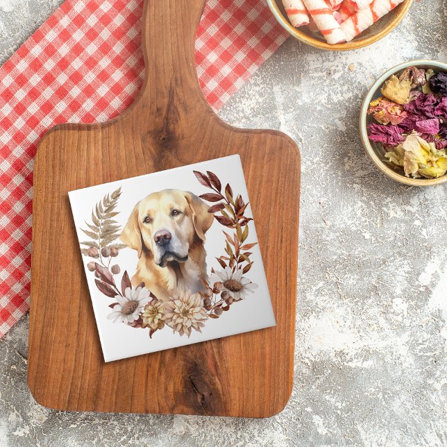Carreau Yellow Labrador Retriever Dog Automne Wreath (Créateur téléchargé)