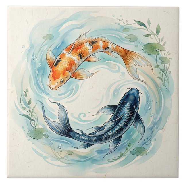 Carreau Yin Yang Poisson Koï Aquarelle (Devant)