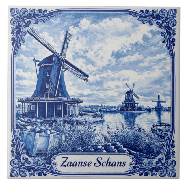Carreau Zaanse Schans Delft Blue style ceramic tile (Devant)