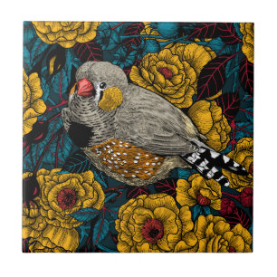 Carreau Zebra finch et buisson rose