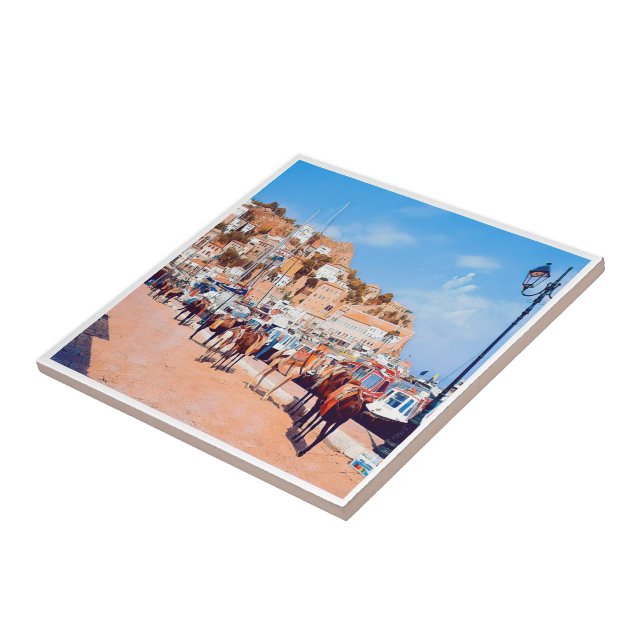 Carreau zGR004 HYDRA - mules au port - Grèce - (Côté)