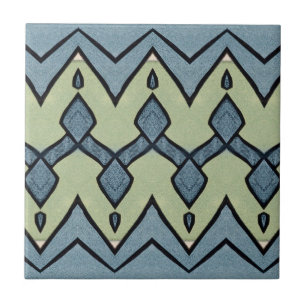Carreau Zigzag bleu et vert géométrique Vintage