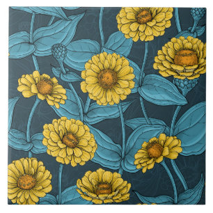 Carreau Zinnias jaune sur bleu foncé