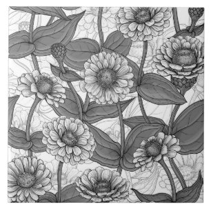 Carreau Zinnias, monochrome sur blanc