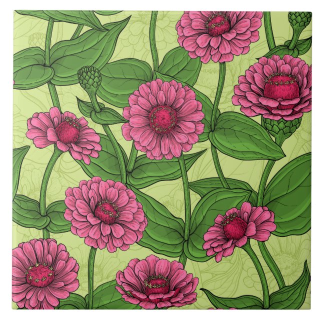 Carreau Zinnias rose sur vert clair (Devant)