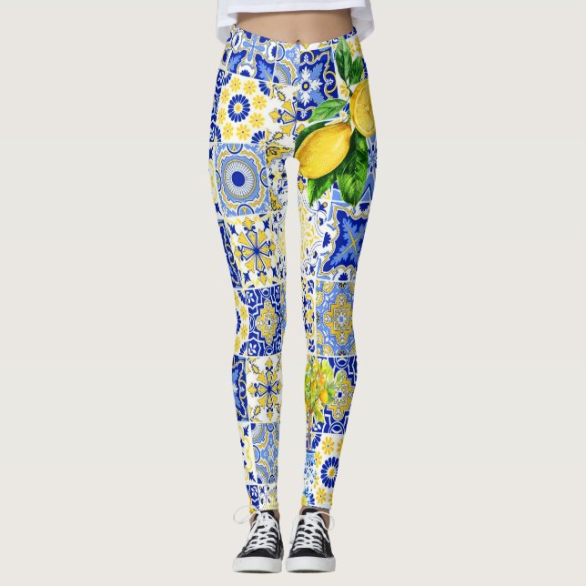 Carreaux bleu et jaune citron Dolce Motif Leggings (Devant)