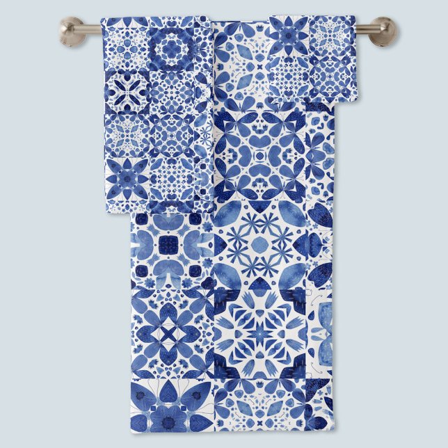 Carreaux Bleus Bleu Méditerranéen Motif Aquarelle (Créateur téléchargé)