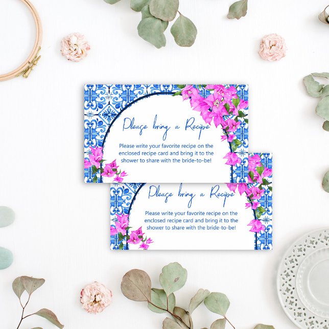 Carreaux bleus Bougainvillea Méditerranée Carte de (Blue Tiles Bougainvillea Mediterranean themed bridal shower Recipe enclosure card)