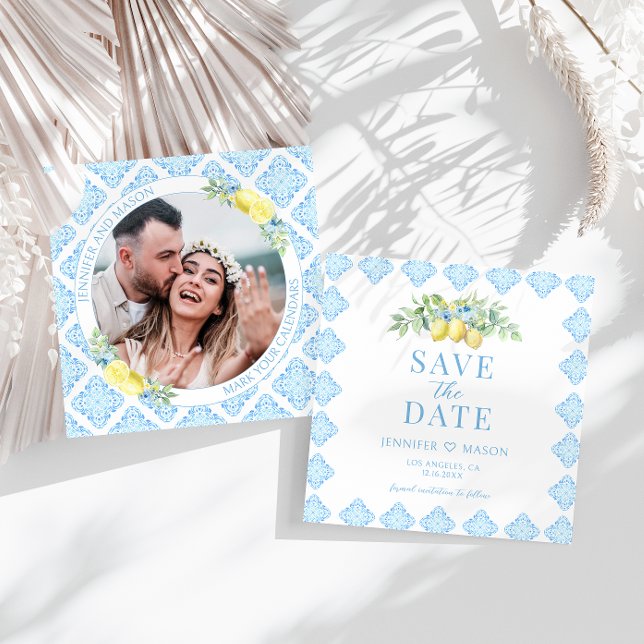 Carreaux Bleus Citron Enregistrer La Date Photo In (Créateur téléchargé)