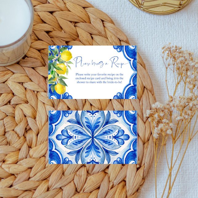 Carreaux bleus citrons qui est la carte de recette (Blue tiles lemons that's amore Italian bridal shower recipe card)