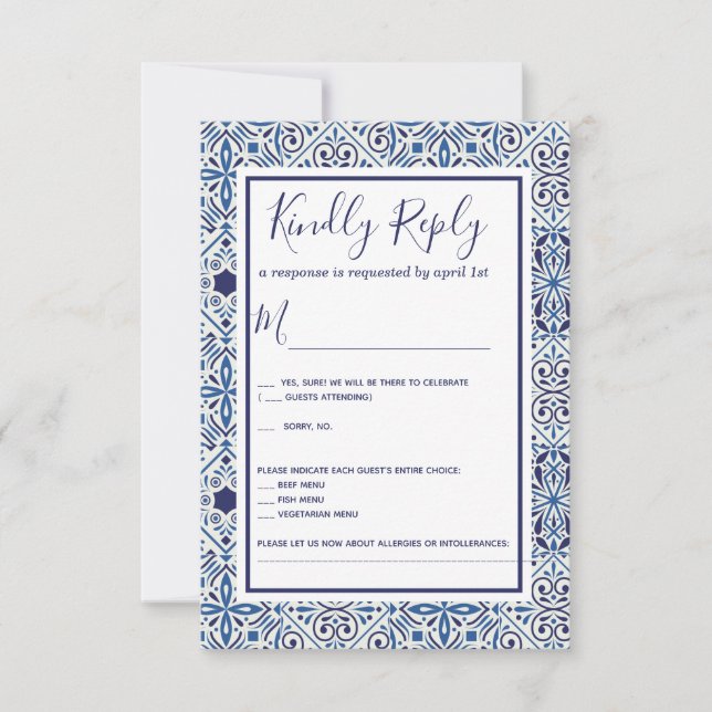 Carreaux bleus Mariage carte RSVP (Devant)