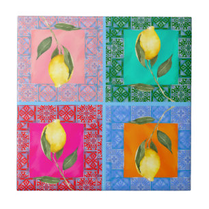 Carreaux bleus, mosaïque, majolica, citron,