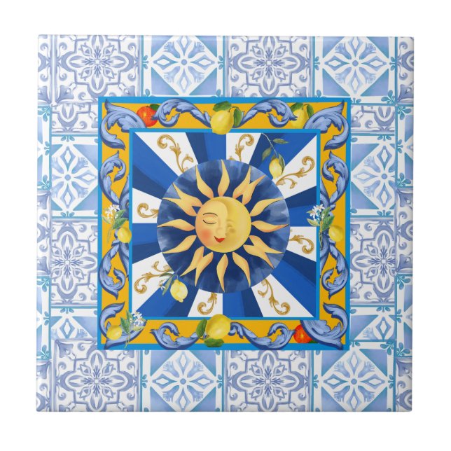 Carreaux bleus, soleil sicilien, mosaïque, majolic (Devant)