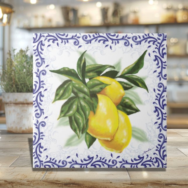Carreaux de céramique Citrons et Filigrane pour Cu (Italian Lemons with Blue Toile Ceramic Tile European Country Kitchen Decor)