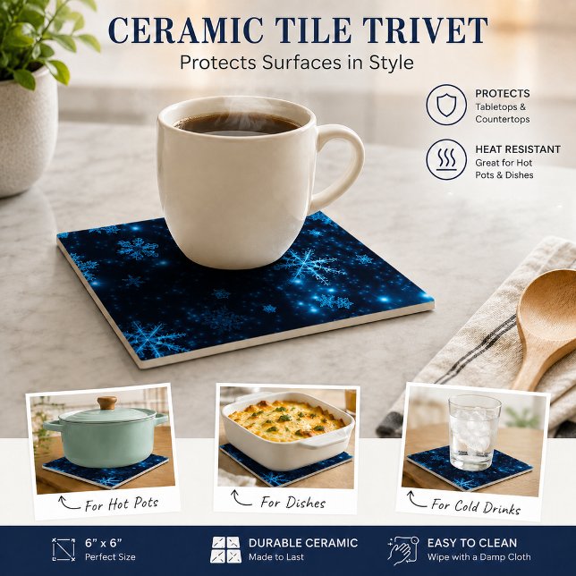 Carreaux de céramique Flocons de neige bleu profon (Deep Blue & Bright Snowflakes Ceramic Tile)