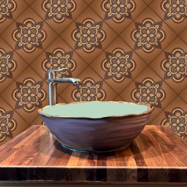 Carreaux de céramique géométrique avec look terre  (Terracotta tile shown in a rustic bathroom.)