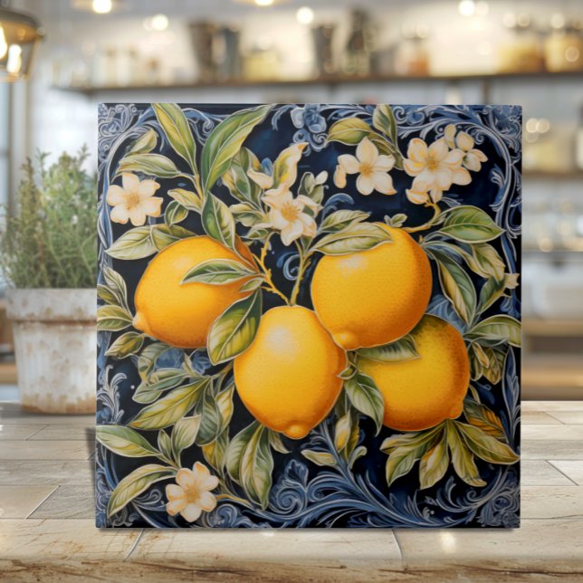 Carreaux de marine Citrons botaniques (Botanical Italian Lemons on Navy - Ceramic Tile with filigree and blossoms)