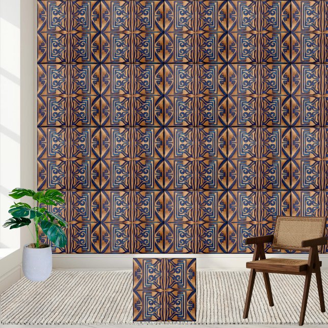 Carreaux de Motif Clé Bleu Riche et Or Grec (Classic Rich Blue and Gold Greek Key Pattern Tile)