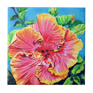 Carreaux en céramique d'Hibiscus Hawaii rose et ja
